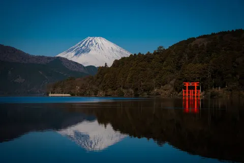 Mt. Fuji and Lake Ashi with the Hakone torii at blue hour