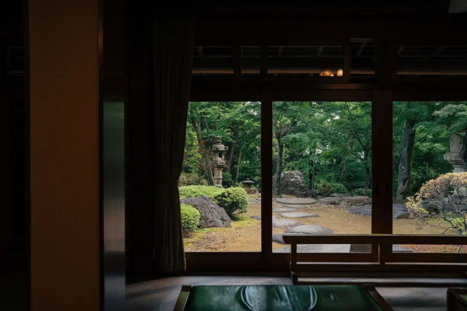 A garden seen from a traditional room